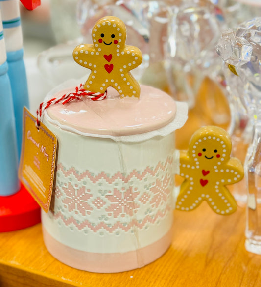 New pink ceramic Gingerbread handled and topped Christmas mug