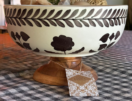 New Made in India 8” brown floral ceramic fruit bowl large 8x4.85”