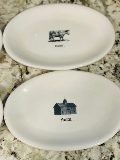 Rae Dunn RARE 4-piece ceramic original farmhouse farm line oval plate set MOO CLUCK FARM OINK.