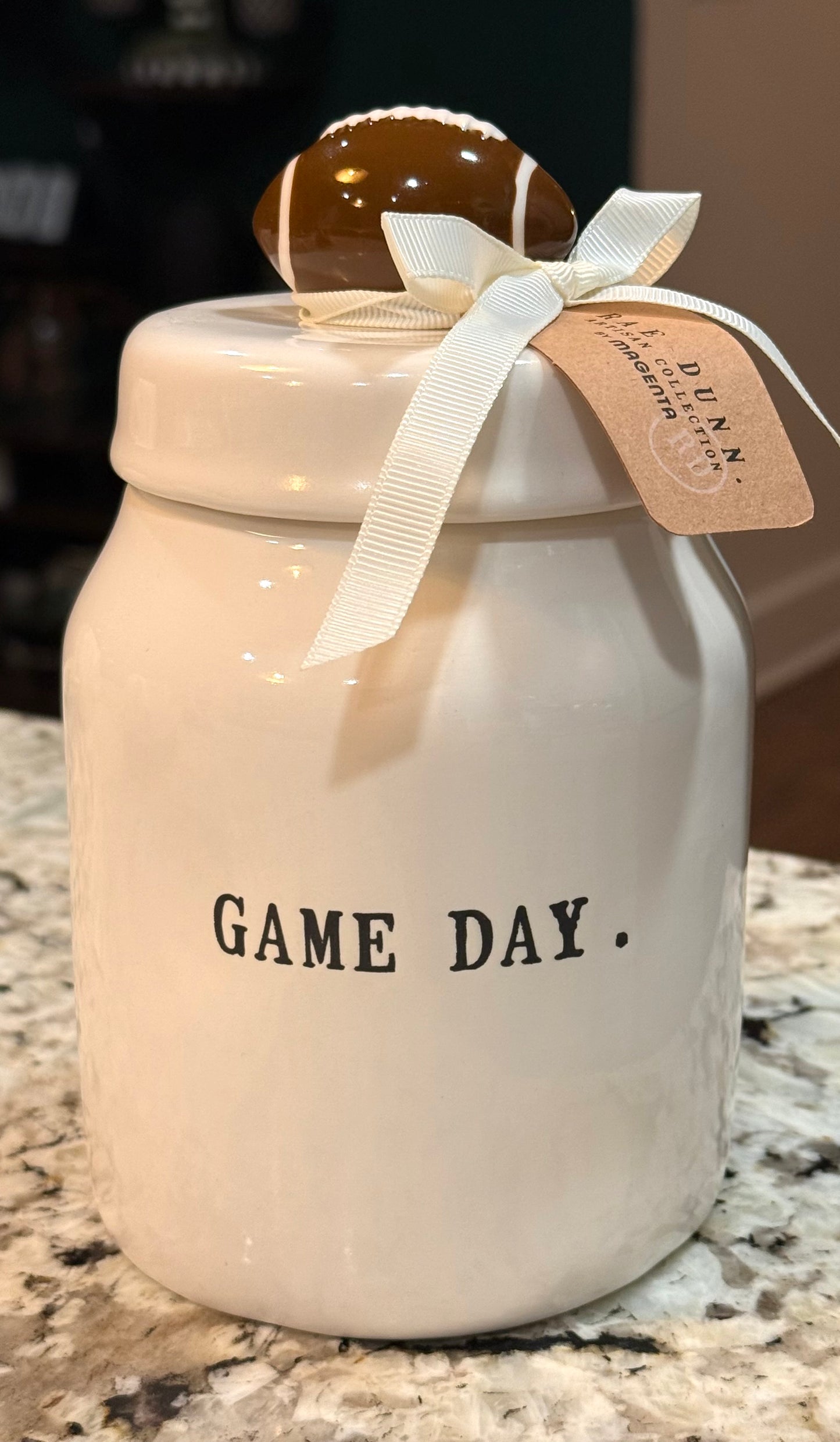 New Rae Dunn 7”‘ceramic GAME DAY football topped canister
