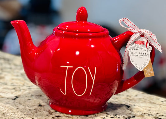 New Rae Dunn red ceramic Christmas teapot JOY