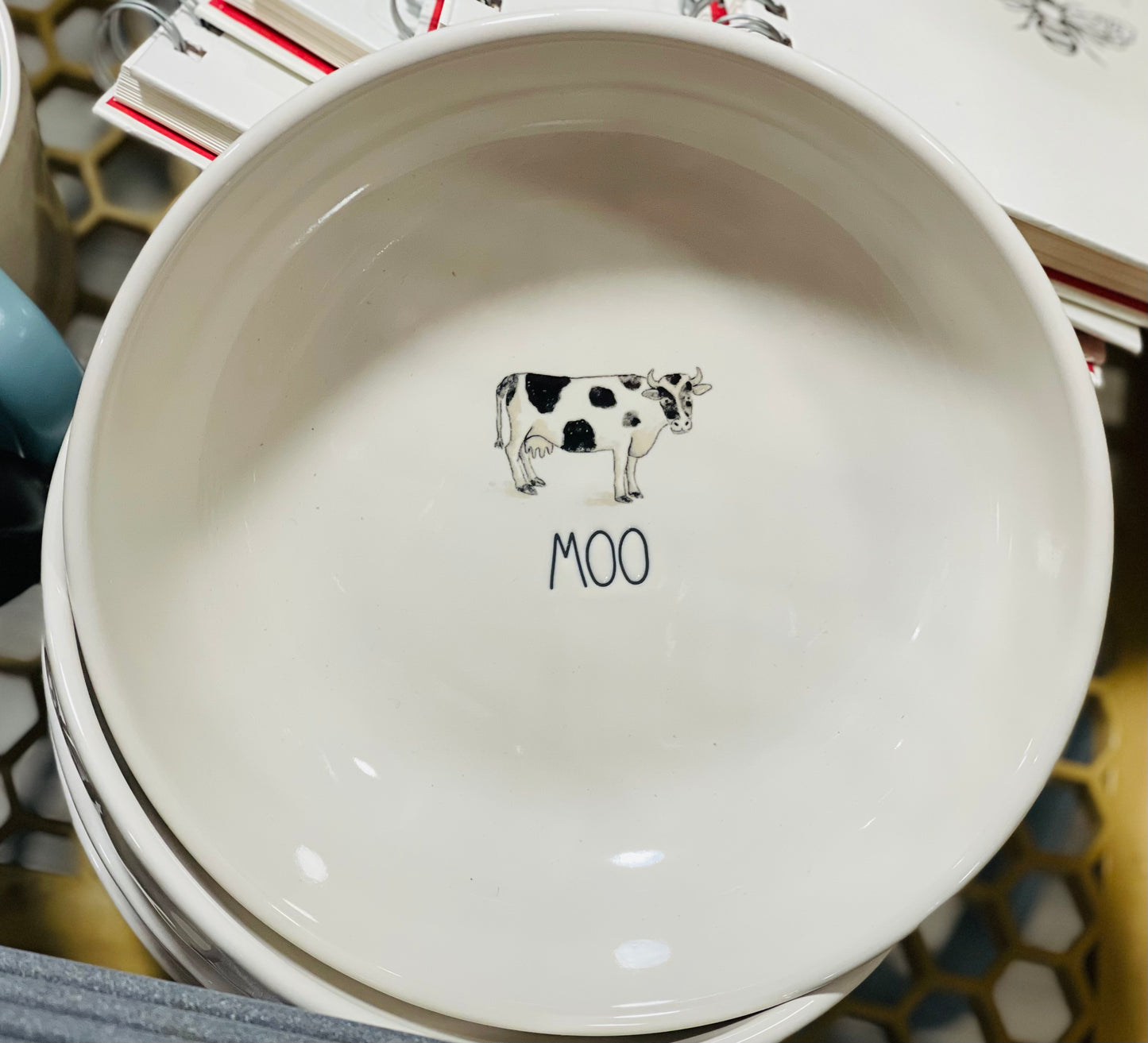 New Rae Dunn white ceramic Farmline MOO cow bowl