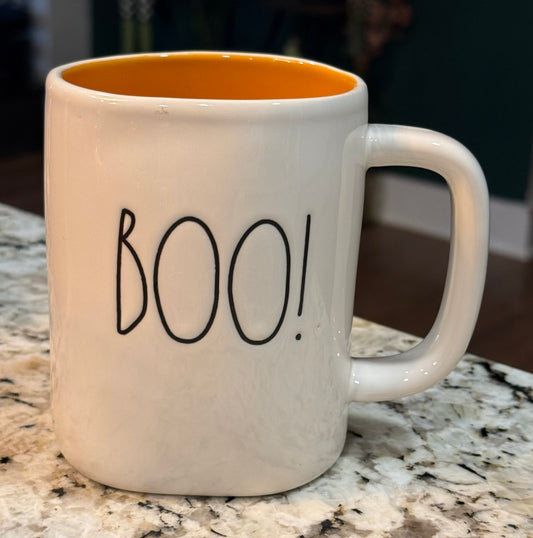 New Rae Dunn white ceramic coffee mug Halloween decor BOO! Orange interior