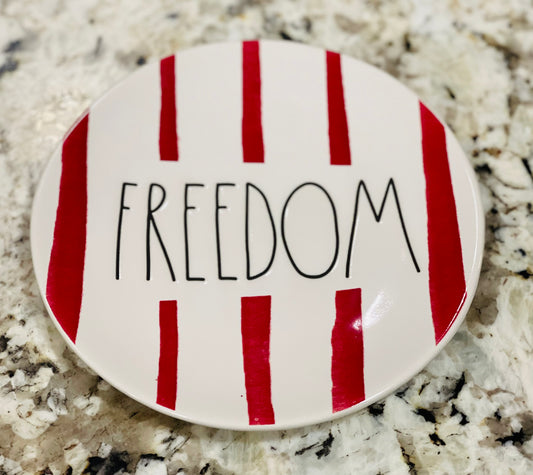 New Rae Dunn red & white striped ceramic Americana 6” plate FREEDOM