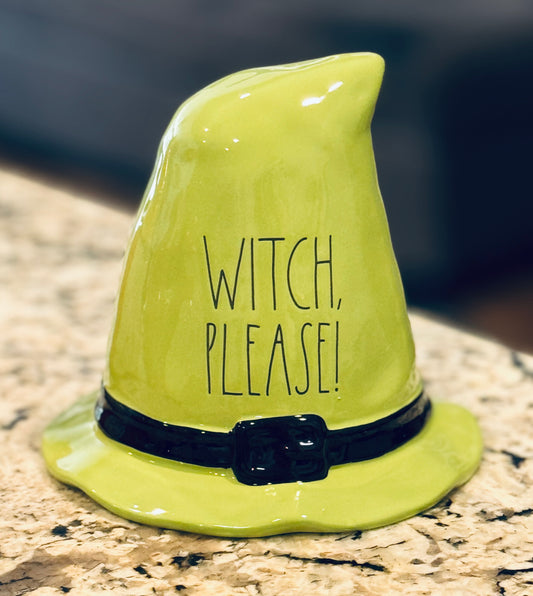 New Rae Dunn Halloween ceramic decor hat WITCH PLEASE 7x7.5