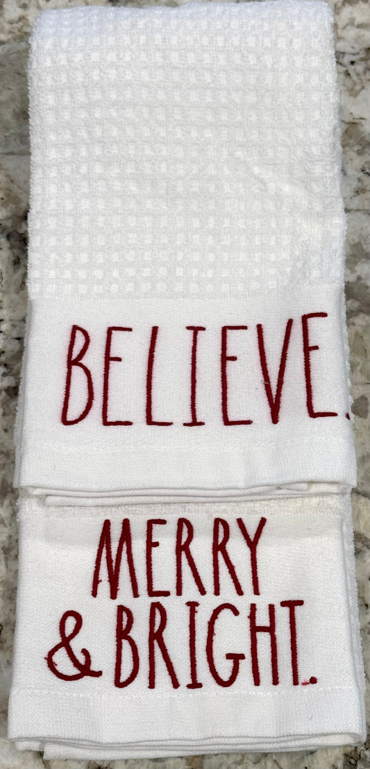 New Rae Dunn 2-piece white kitchen dish towel set MERRY/BELIEVE