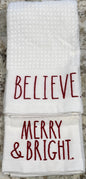 New Rae Dunn 2-piece white kitchen dish towel set MERRY/BELIEVE