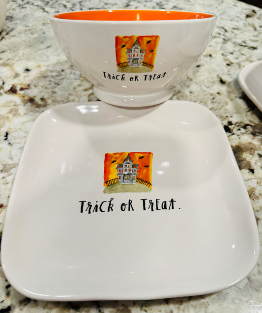 New Rae Dunn Halloween ceramic bowl & plate set TRICK OR TREAT