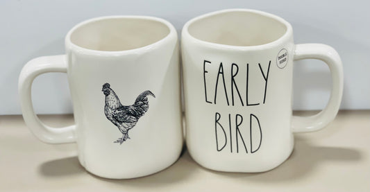 New Rae Dunn white double sided EARLY BIRD farmhouse chicken mug