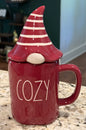 New Rae Dunn burgundy ceramic gnome topped fall decor coffee mug COZY