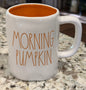 New Rae Dunn white ceramic fall MORNING PUMPKIN mug-orange writing