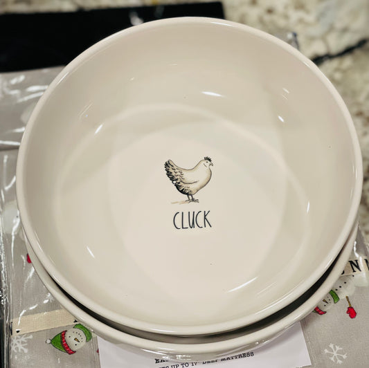 New Rae Dunn white ceramic 2-piece Farmline CLUCK Chicken bowl set