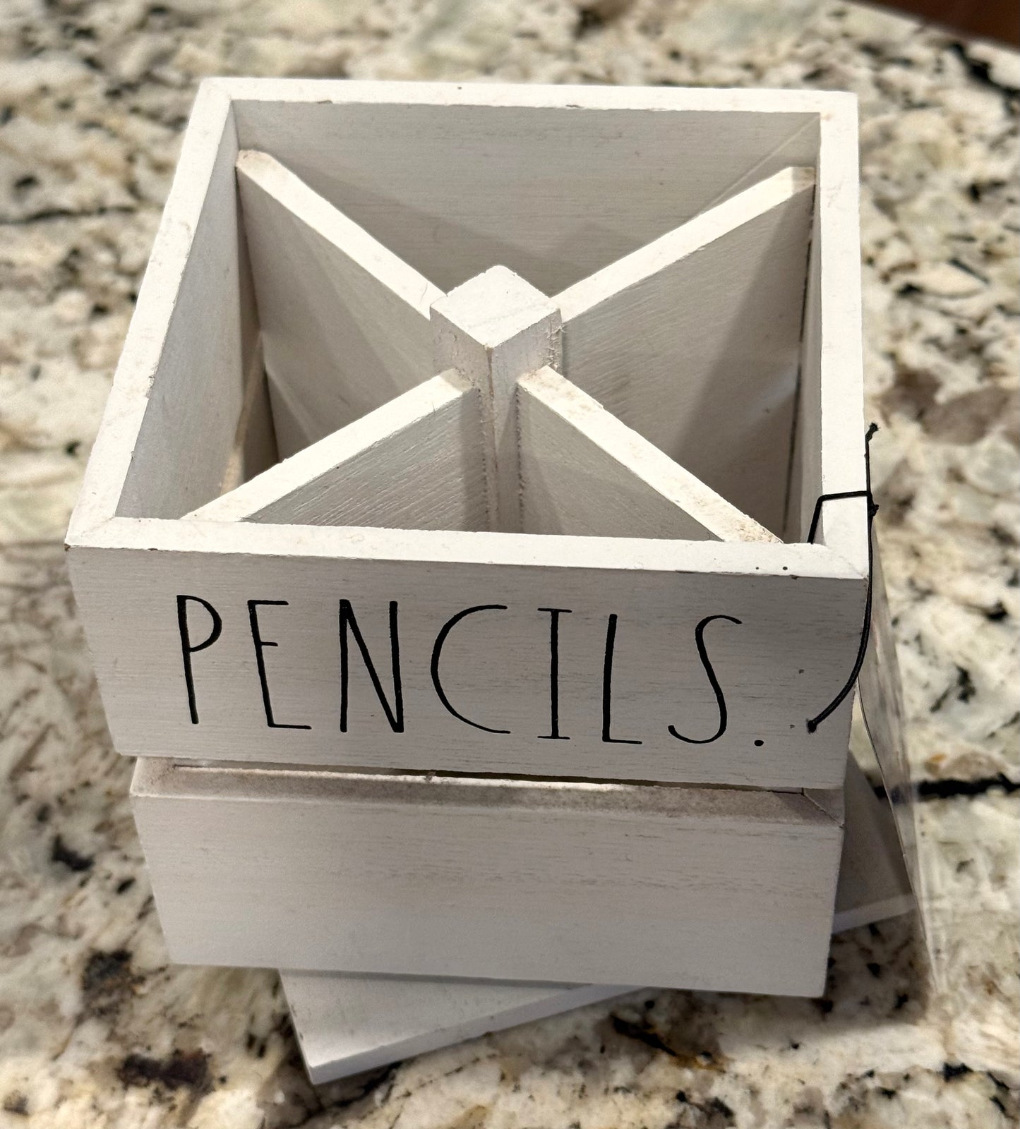 New Rae Dunn white wood storage box PENS/PENCILS spinning container 4.5”