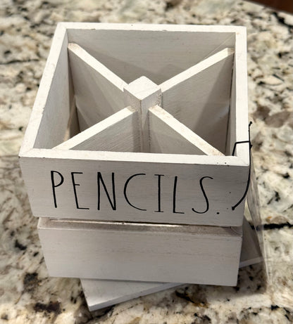 New Rae Dunn white wood storage box PENS/PENCILS spinning container 4.5”