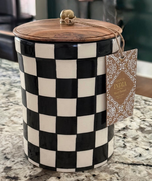 New ceramic Made in India black check checkered  8” storage canister