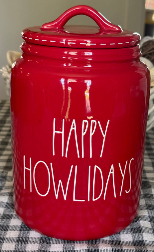 New Rae Dunn red ceramic Christmas decor canister treats holder HAPPY HOWLIDAYS