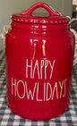 New Rae Dunn red ceramic Christmas decor canister treats holder HAPPY HOWLIDAYS