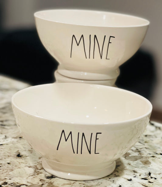 Rae Dunn white ceramic 2-piece gently used MINE bowl set