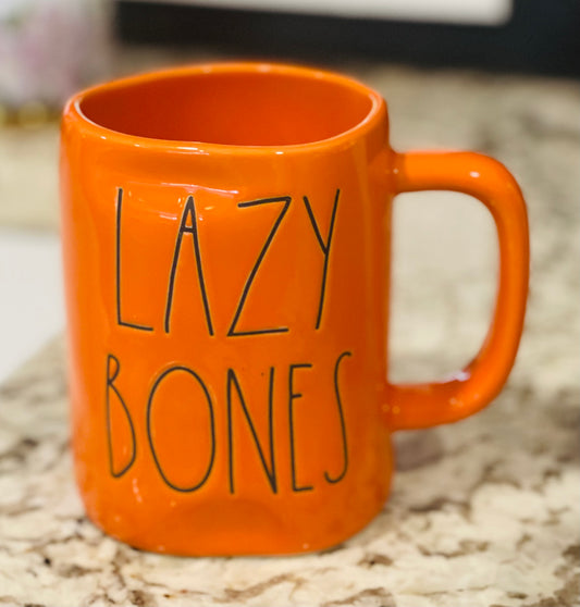 New Rae Dunn orange iridescent Halloween theme ceramic coffee mug LAZY BONES