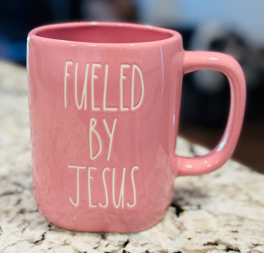 New Rae Dunn pink ceramic coffee mug FUELED BY JESUS