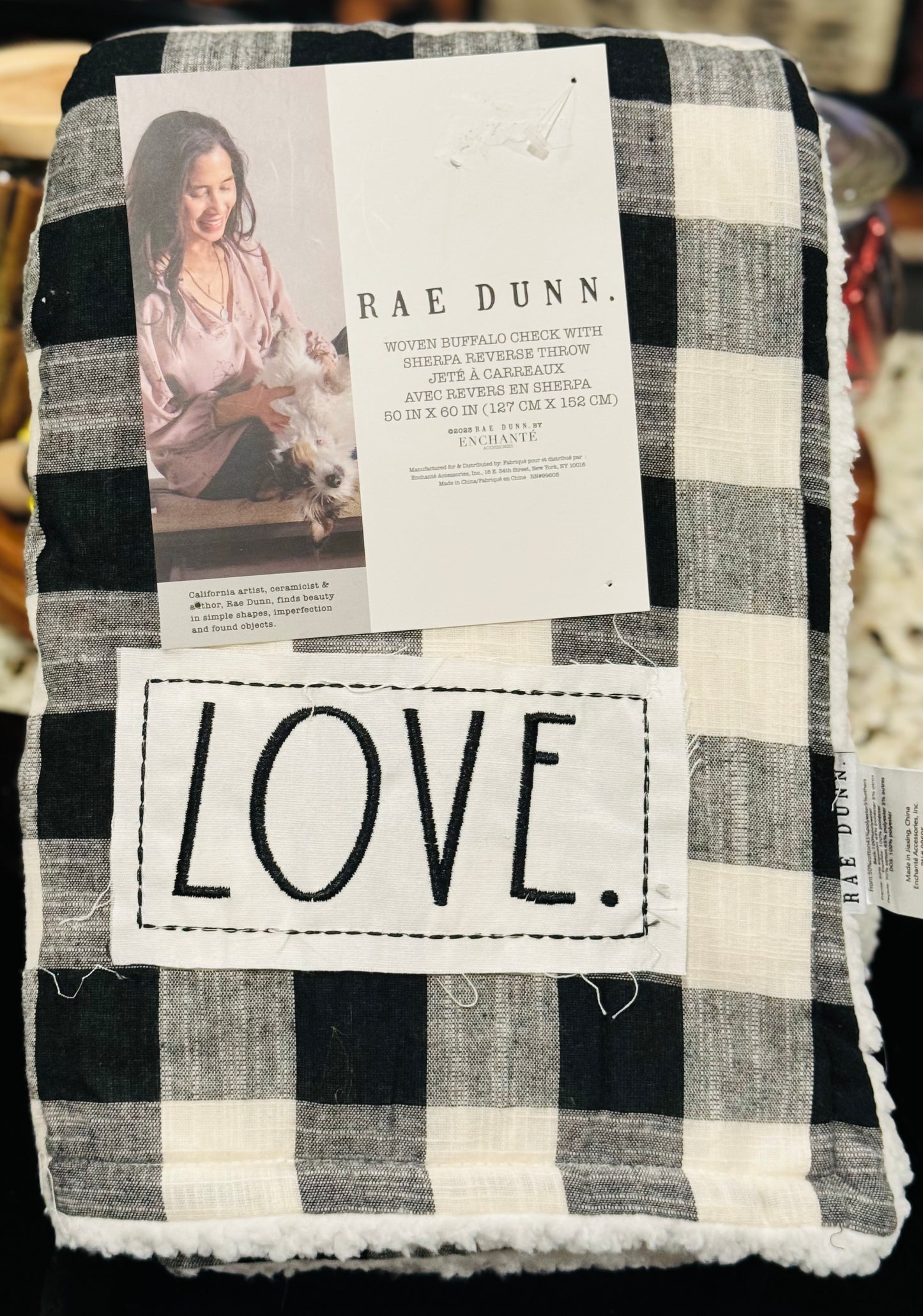 New Rae Dunn black & white buffalo plaid Sherpa lined throw blanket 50x60 LOVE