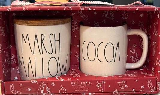 New Rae Dunn holiday gift set 5” MARSHMALLOW cellar and COCOA coffee mug