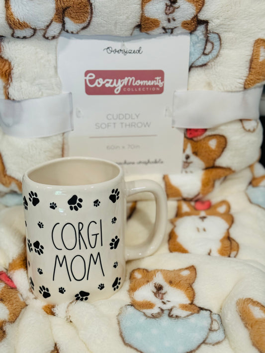 New Rae Dunn Corgi gift set. Rae Dunn White ceramic coffee mug CORGI MOM & Cozy moments printed throw blanket 60x70