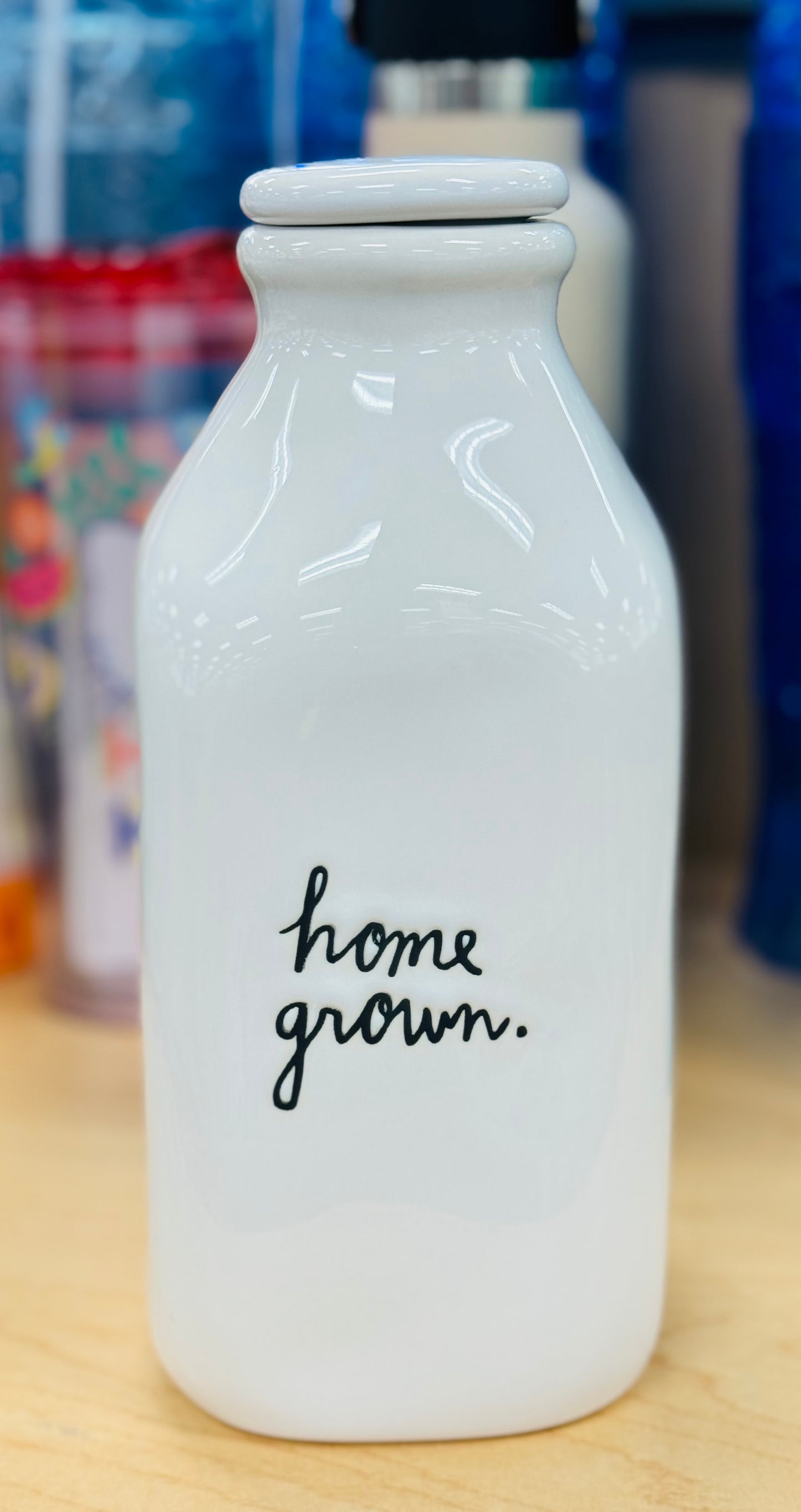 New Release size Rae Dunn 7” HOME GROWN script ceramic milk bottle decor