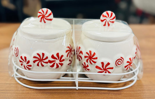 New Red & white 2-piece peppermint ceramic Christmas decor set