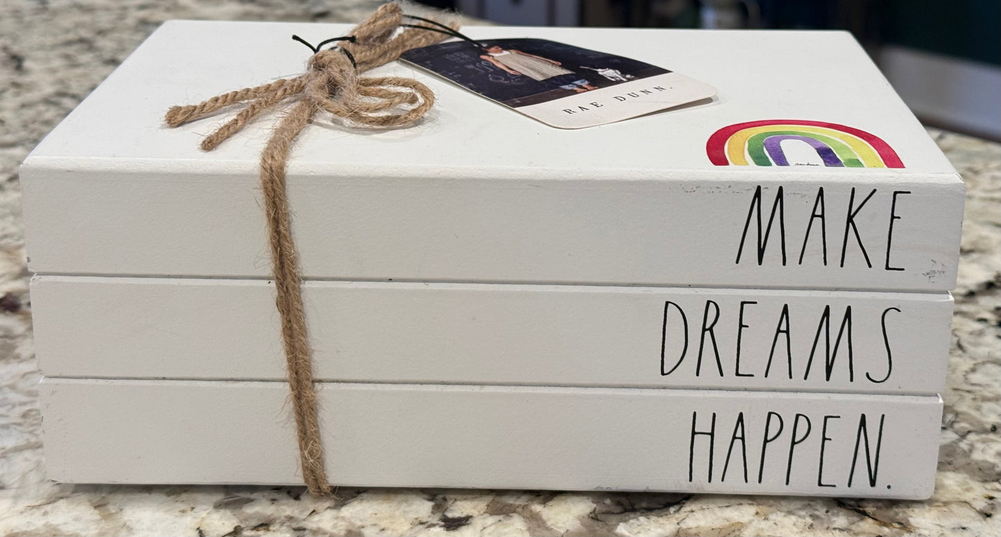 New Rae Dunn white wood book stack decor MAKE DREAMS HAPPEN 9x6