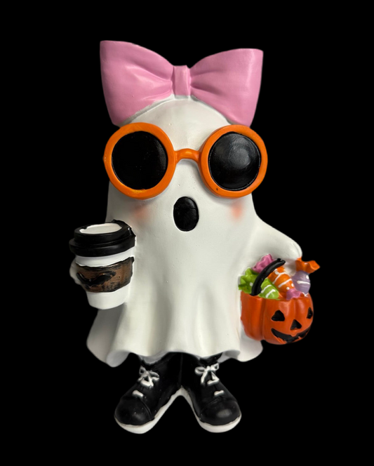 New resin girl ghost with coffee & glasses Halloween home Decor