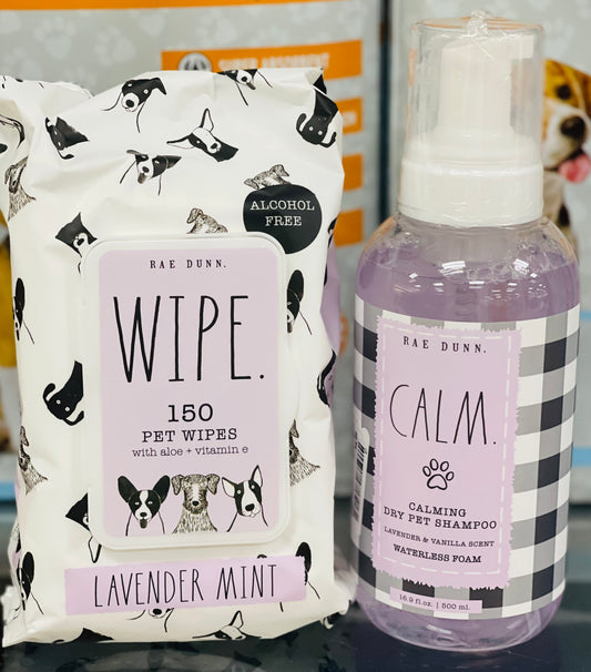 New Rae Dunn 2-piece Pet Wipes & CALM dry pet shampoo Lavender Mint