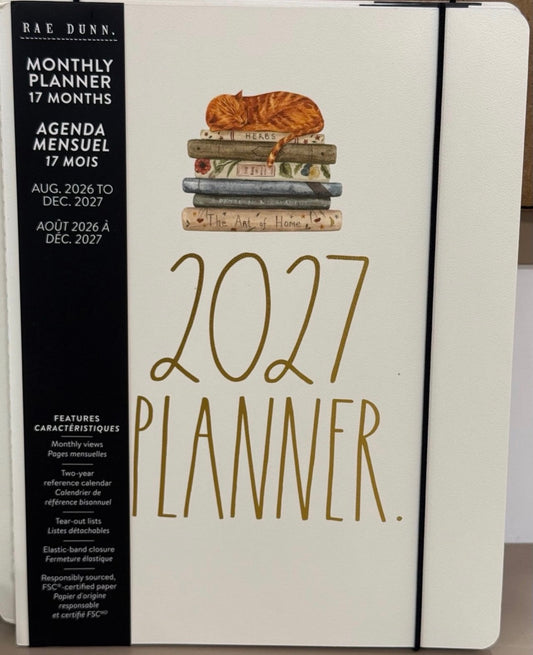 New Rae Dunn softback 8x10 monthly planner 2026-2027 cat on books