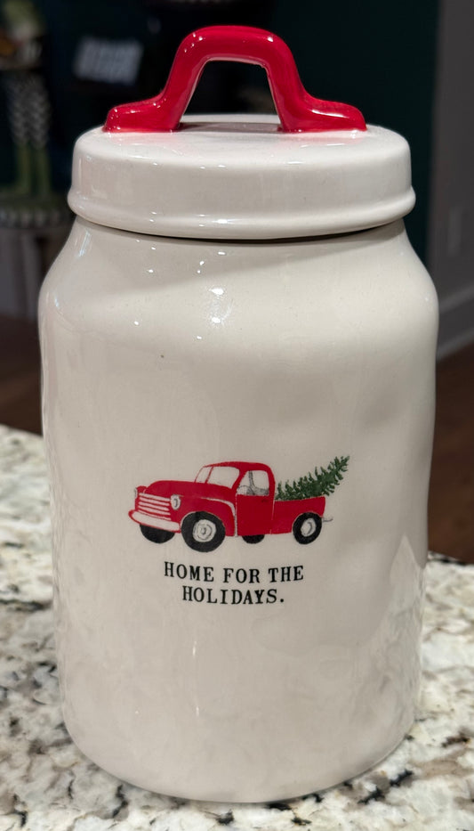 New Rae Dunn white ceramic red truck Christmas canister 8” HOME FOR THE HOLIDAYS