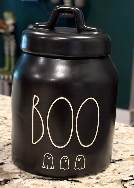 New Rae Dunn black ceramic baby ghost canister Halloween decor BOO with ghost 6”