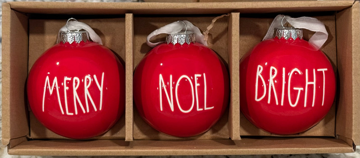 New in box Rae Dunn red ceramic Christmas ornament set MERRY, NOEL, BRIGHT