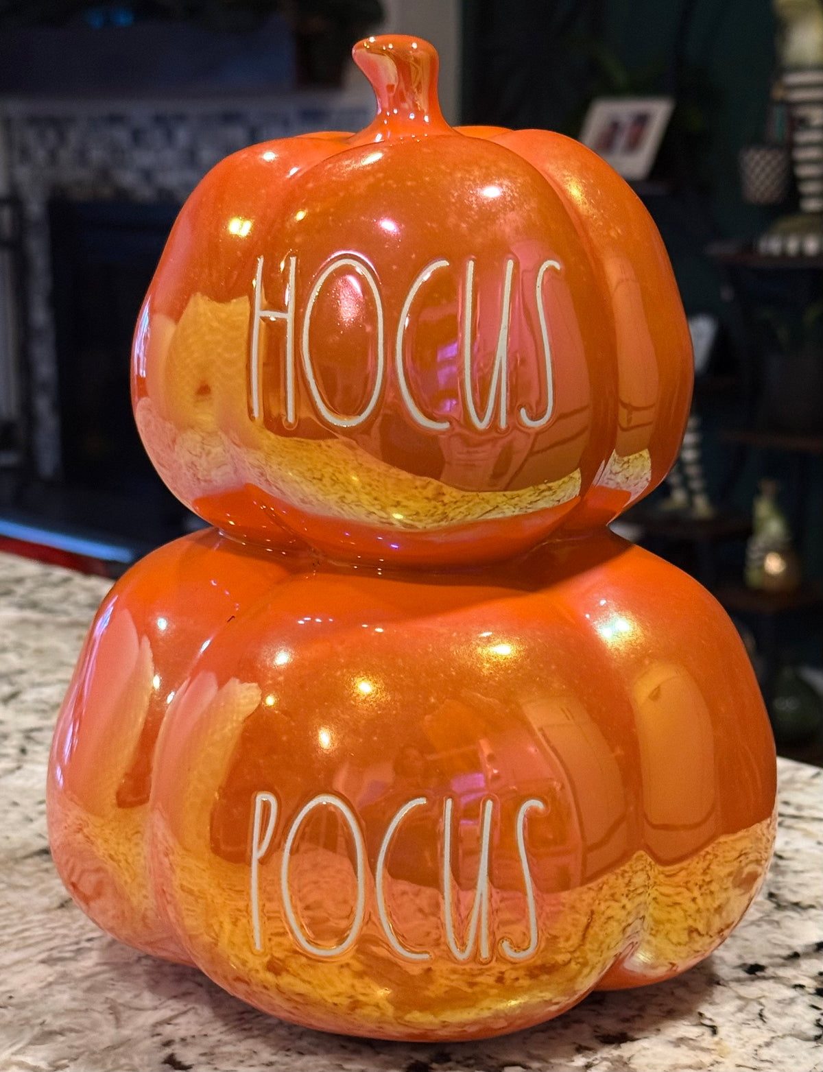 New Rae Dunn orange iridescent ceramic Halloween decor pumpkin stacker HOCUS POCUS 12”