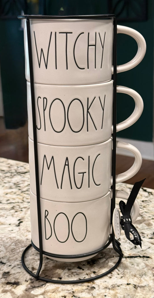 New Rae Dunn white ceramic Halloween coffee mug stacker set