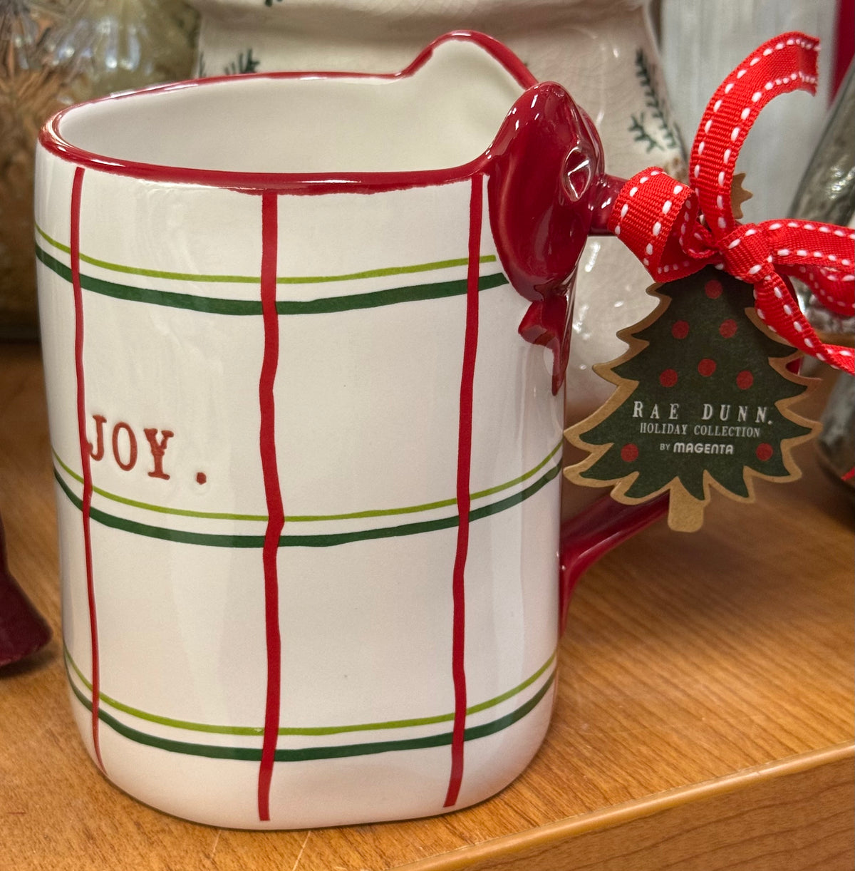 New Rae Dunn plaid bow handle Christmas coffee mug JOY