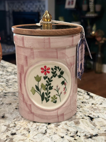 New Made in India lavender checked floral ceramic storage canister 8.25”