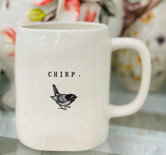 New Rae Dunn white ceramic CHRIP. Typewriter font bird coffee mug