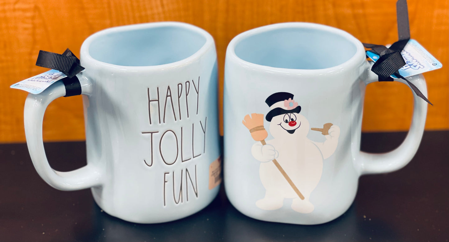 New Rae Dunn x Frosty The Snowman baby blue ceramic coffee mug HAPPY JOLLY FUN