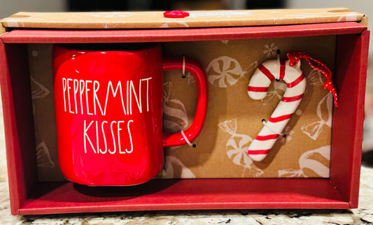 New Rae Dunn red ceramic PEPPERMINT KISSES mug and candy cane ornament gift set