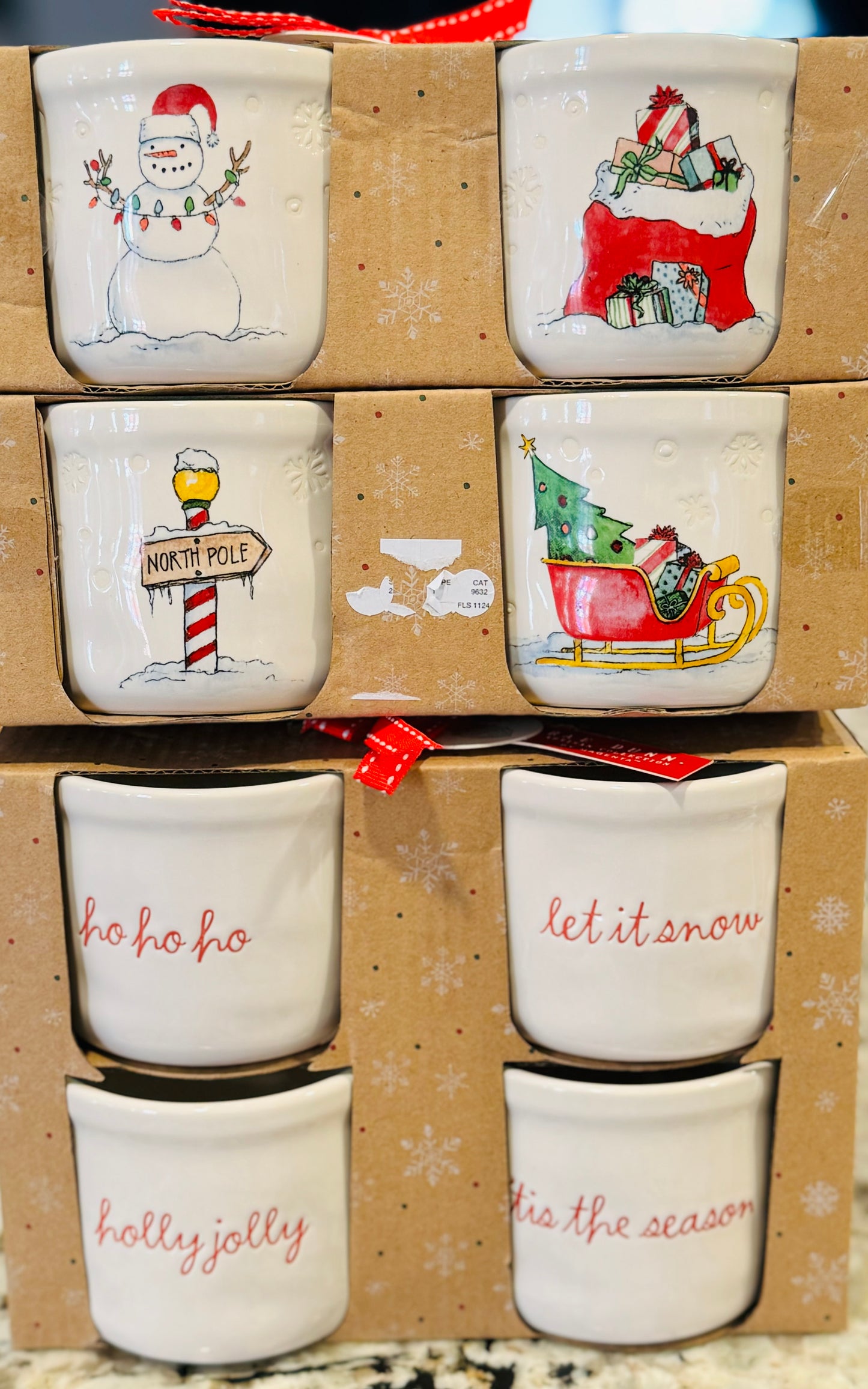 New Rae Dunn Christmas 4-piece ramekin set, snowflake and science on back of each saying cup.