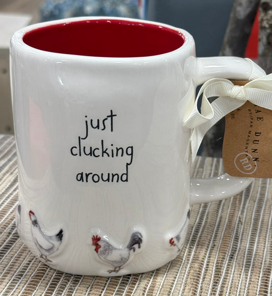 New Rae Dunn Farmline ceramic coffee mug JUST CLUCKING AROUND