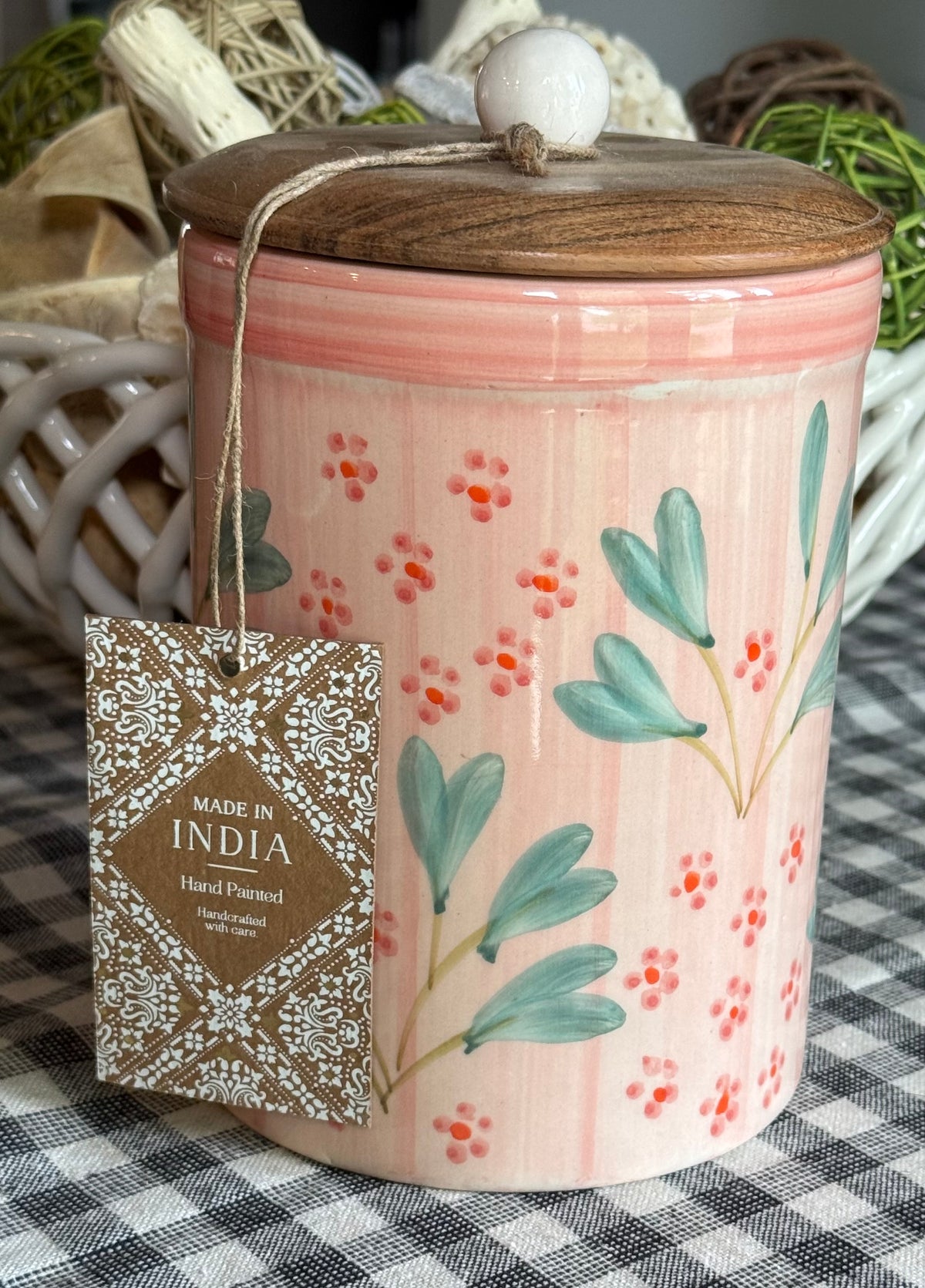 New pink floral Made in India ceramic 4” canister