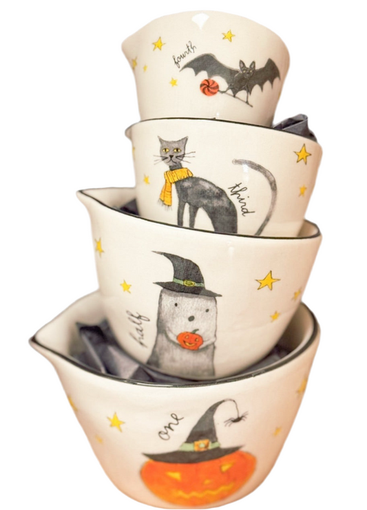 New release Rae Dunn pumpkin face ceramic Halloween measuring cup set