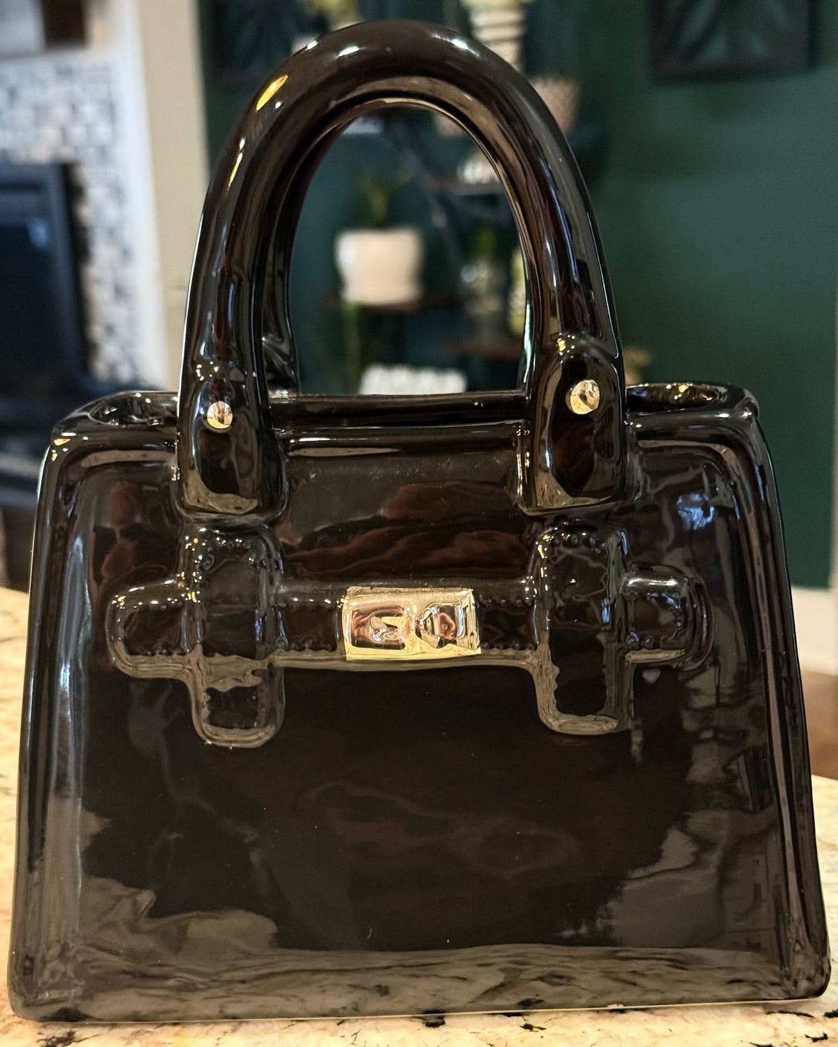 New black iridescent ceramic  handbag vase 8.25x7