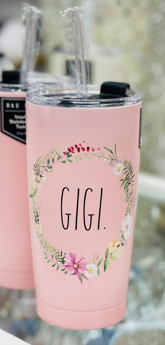 New Rae Dunn pink 17oz stainless steel drink ware cup GIGI -pink floral