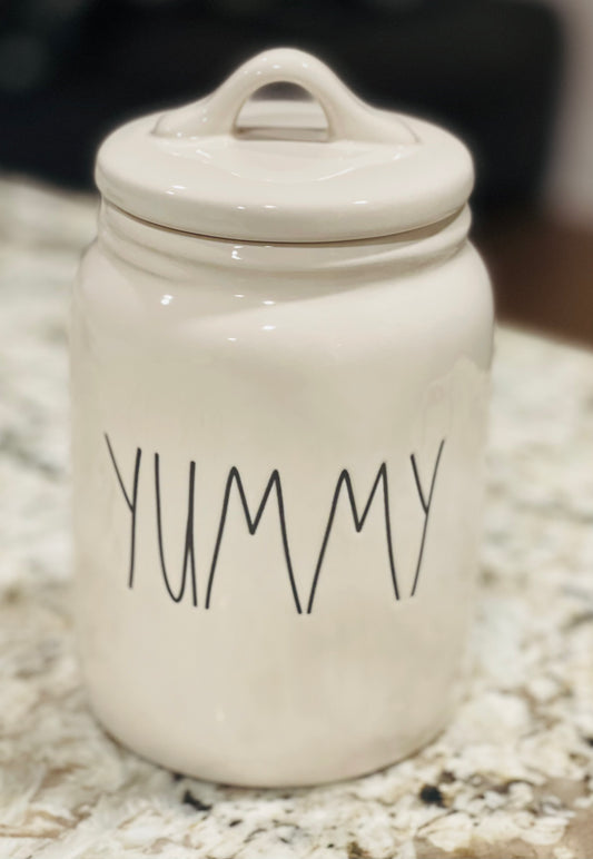 New Rae Dunn white ceramic 6.5” YUMMY ceramic baby canister